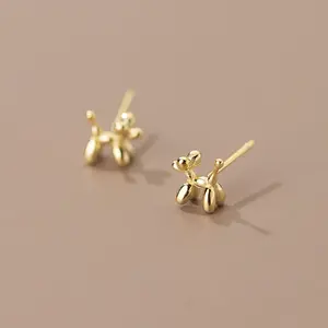 Pendientes de plata de ley 925 con forma de perro y globo para mujer y niña, aretes con tachuelas chapadas en oro de 18K, joyería de Animal