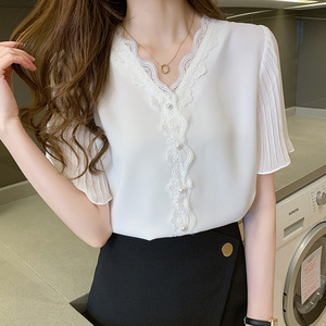 Frau Spitze V-Ausschnitt Chiffon Bluse Shirt Tops Femme Kurzarm <span class=keywords><strong>Rosa</strong></span> Bluse Frauen - Product Image 4