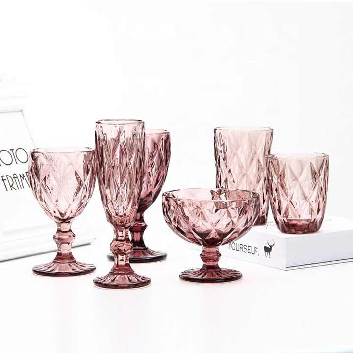 Manufacturer Wholesale Glassware Colored Green Pink Champagne Glasses Vintage Embossed Wine Glass Goblet with Eye Pattern