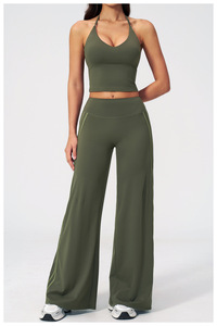 Ensemble 2 pièces sans bretelles pour femme, rose, sans manches, crop top, pantalon taille haute à jambes larges, rayures latérales, tricoté, respirant, style sportif - Product Image 5