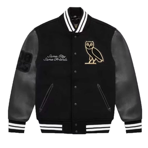 Blouson universitaire noir pour homme avec broderie hibou, manches en PU, manteau décontracté d'automne, col rabattu, simple boutonnage - Product Image 1
