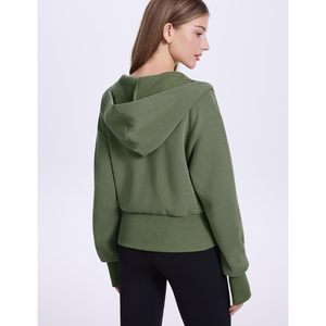 FOXA Women's <b>Cropped</b> <b>Zip</b> <b>Up</b> Hoodie Long Sleeve Drop Shoulder Sweatshirt Casual Ribbed Hem Workout Top With Pockets - Product Image 5