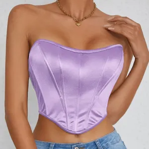 Custom 2023 Summer Women Plain Asymmetrical Hem Corset Satin Bandeau Top