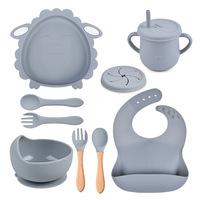 Ensemble de vaisselle pour enfants en 8 pièces, bols et assiettes en silicone avec cuillère, fourchette et tasse à manche en bois, passe au micro-ondes