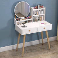 En gros Coiffeuse compacte pour chambre avec étagère de rangement ouverte, miroir de maquillage rond et pieds en bois