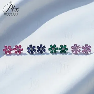 Pendientes de pera de seis pétalos 4,3-6.3CT rubí zafiro <span class=keywords><strong>Colombia</strong></span> Padparadscha S925 pendiente hipoalergénico para mujeres niñas regalo romántico - Product Image 1