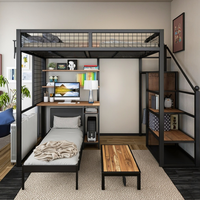 Lit superposé double moderne avec bureau intégré, design en acier métallique pour chambre d'étudiant, dortoir, style panneau en bois, adultes