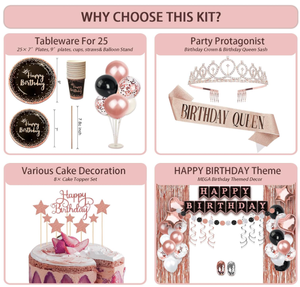 Rose Or Noir Joyeux Anniversaire Bannières Rideau Métal Ballon Arc Diadème Plats Tasses Nappe Gâteau Toppers <span class=keywords><strong>Photo</strong></span> Props Fournitures - Product Image 2