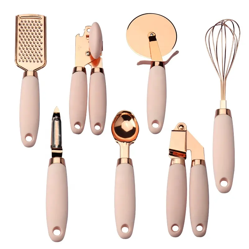 Le ultime Oro Rosa Accessori Da Cucina Utensili Set Di 7 Squisito Gadget Da Cucina Set di Rame Placcato In Acciaio Da Tavola In Acciaio Inox