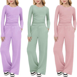 Ensemble de vêtements pour filles, ensemble 2 pièces pour filles, tenues d'automne, ensembles de détente, haut à manches longues plissé, pantalon large, ensemble de survêtement - Product Image 1