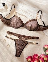 Ensemble de Lingerie Sexy Femme Imprimé Léopard en Maille Transparente, Soutien-Gorge Demi-Bonnet Push-Up à Armatures et Culotte, 2 Pièces avec Bretelles Chaîne Métallique – Vente en Gros