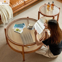 Nouvelle conception nordique moderne, table basse convertible portable pour salon, meubles en bois massif, rotin, plateau rond en verre