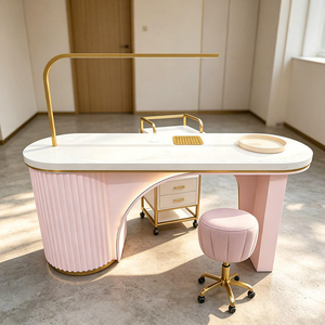 Table de manucure en marbre rose doré de luxe léger avec éclairage LED incurvé, mobilier de salon pour bar à ongles - Product Image 4