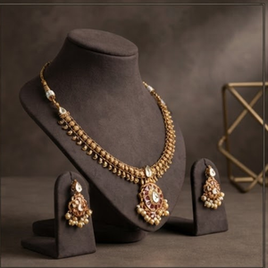 Classic 22K Solid <b>Gold</b> Necklace and Earring <b>Set</b> with Zircon Stones Floral Design for Women Wedding Jewelry - Product Image 3