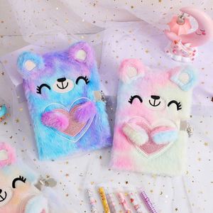 Children's Cartoon Bear Plush Paper Notebook with Lock Bear Face Student A5 <b>Journal</b> Girl's Gift - Product Image 1