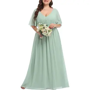 Ladies Elegant Casual Sage Green Chiffon Cocktail Dinner Party Prom Plus Size Long Formal Maxi Evening Dresses For Fat Women