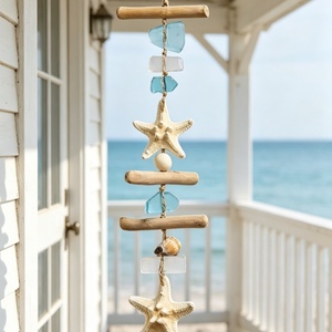 Ornement mural en <span class=keywords><strong>bois</strong></span> flotté, étoile de mer, verre marin et coquillages, style nautique côtier, pendentif pour fenêtre et porte, décoration pour la maison et la salle de bain - Product Image 1