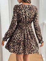 Robes longues tendance pour femmes françaises, style vintage, col en V, imprimé léopard, patchwork en dentelle, polyester, antistatique, manches longues, volants, style Day One