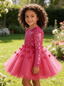 Abito <span class=keywords><strong>da</strong></span> festa rosa shocking a maniche lunghe per bambina, con corpetto di paillettes e tutù floreale 3D, ideale per compleanni e concorsi di bellezza - Product Image 3