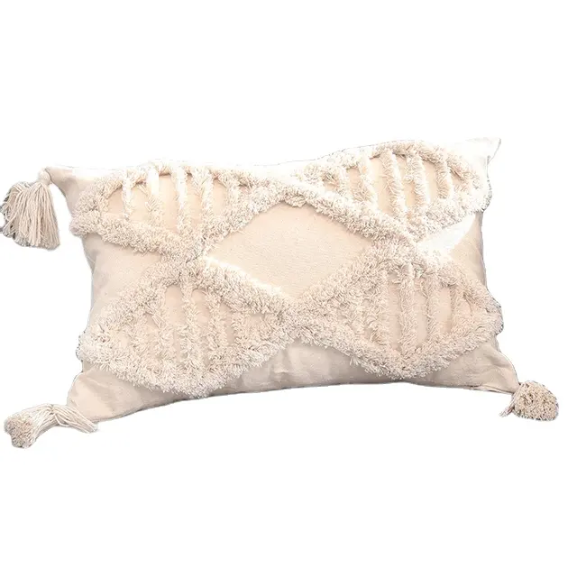 Avigers — housse de coussin décorative pour le canapé, avec frange, de style bohème, pour les lombaires, en jaune et blanc, décoratif