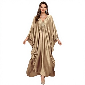 Robe Abaya élégante à col en V, longueur au sol, avec détails perlés, manches longues, coupe ample, ourlet asymétrique, couleur unie, tenue de soirée pour femmes - Product Image 1
