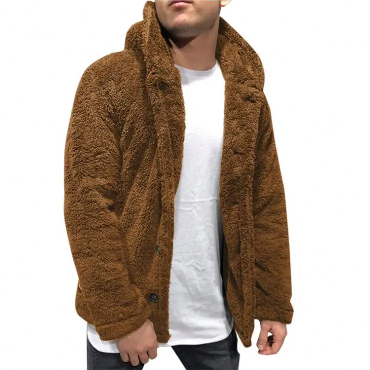 Mens Buttons Coat Warm Faux Fur Winter Casual Loose Double-Sided Plush Hoodie Fluffy Fleece Fur Jacket Hoodies Coat Outerwear