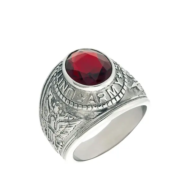 Army Mens 5.0ct Siam Ruby CZ USA Army Military Signet Ring, Stainless Steel Military Ring, Mens Large Ring With Stone
