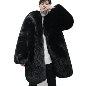 Mantel Panjang Hitam Pria, Mantel Bulu Rubah Asli Musim Dingin Gaya Kustom untuk Pria