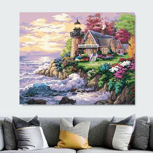 ภาพวาดสีน้ำมันบนผ้าใบ DIY ภาพประภาคารและบ้านริมทะเล ระบายสีตามตัวเลข ภาพตกแต่งบ้าน ภาพติดผนัง - Product Image 2