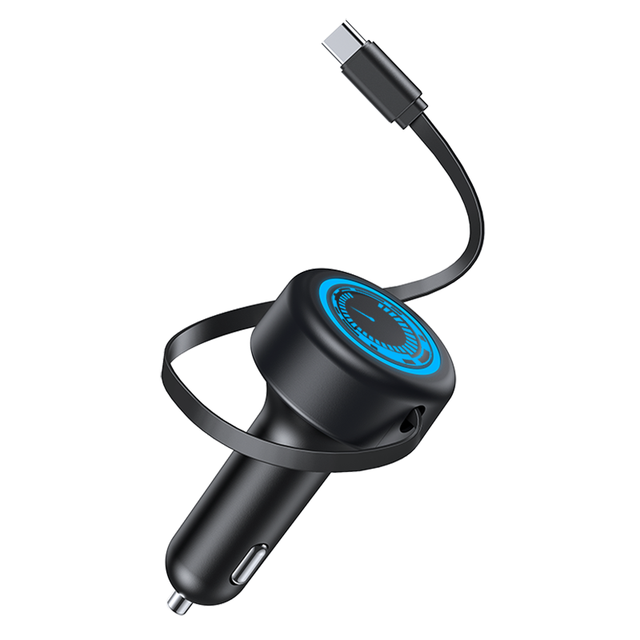 Factory Multifunctional Universal 60W Car Charger with Built-in LED Light & Retractable Cable Fast Phone Charger for Cars