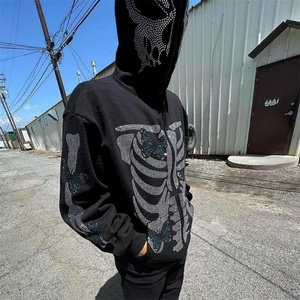 Sudadera con capucha de esqueleto con cremallera completa, de gran tamaño, estilo gótico Y2K, con diseño de máscara de mariposa de diamantes de imitación de alta calidad, de forro polar, personalizada. - Product Image 4