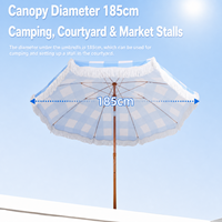 Parasol d'extérieur à carreaux bleus et blancs avec franges et pompons, mât en bois, inclinable, grand format pour pique-nique, jardin, terrasse, plage
