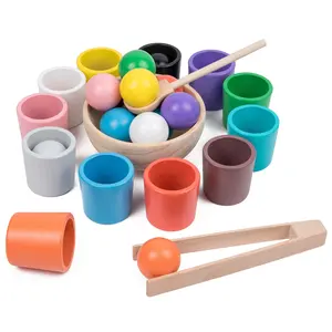 Balls in Cups Toy Wooden Sorter Game 12 Balls 40mm Age 1+ Color Sorting and Counting Preschool Learning Education