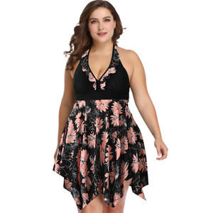 Traje de baño de talla grande para mujer, conjunto de dos piezas con cuello halter y corte en A, cintura elástica, estampado floral, vestido de playa, traje de baño de talla grande - Product Image 2