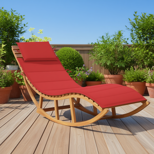 Sdraio a dondolo in legno massello di teak con cuscino rosso, sedia lounge da esterno dal design moderno e contemporaneo - Product Image 2