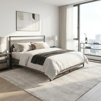 Cadre de lit double en métal avec éclairage LED, station de charge, tête de lit avec rangement et 4 tiroirs sous le lit