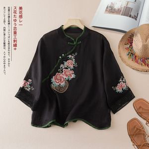 Retro Cotton Linen Embroidered Chinese Style Stand Collar Mid Sleeve Shirt For Women - Product Image 4