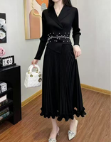 Robe Vintage Élégante à Col en V, Ornée de Perles Tissées, Plissée, à Manches Longues et Volants, Écologique, Lavable, Respirante et Infroissable