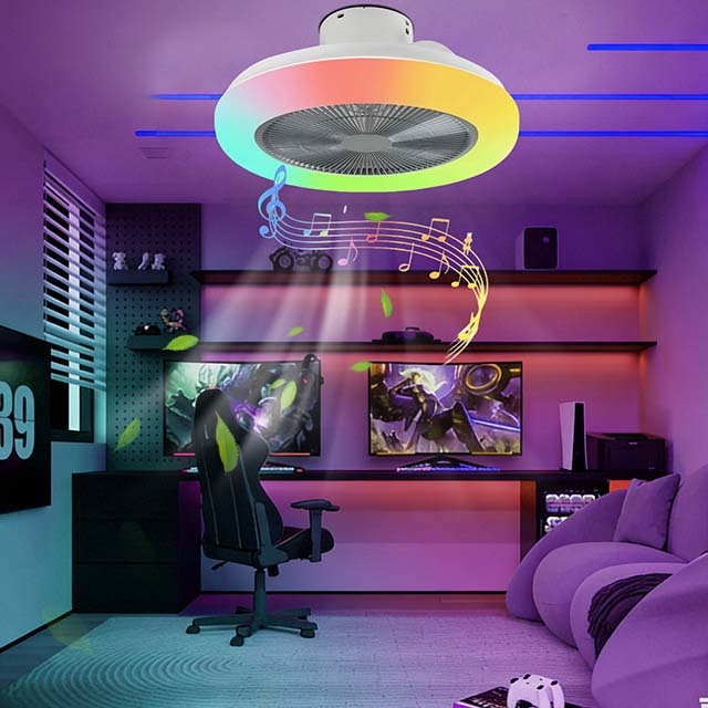 RGB Smart DC Motor Modern Low Profile 5 Blades Ceiling Fan LED Light Remote Control Dimmable 6-Speed Music Compatible Bedroom
