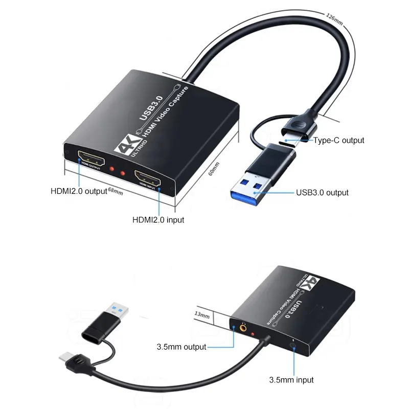 TYPE-C USB3.0ツーインワンUSB-C 4Kビデオキャプチャカードビデオ録画用ライブストリーミングゲーム教育記録