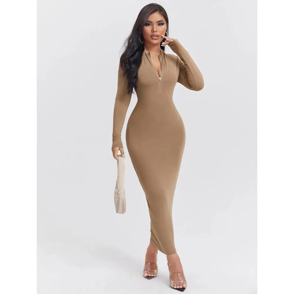 Zip Front Solid Bodycon Dress women custom african dresses for women lady elegant fashion style