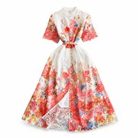 Robe mi-longue à col montant en dentelle florale vintage de style français avec fente élégante, écologique et à séchage rapide