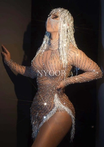 <span class=keywords><strong>Robe</strong></span> Sexy en maille pour femmes, perles de strass scintillantes, tenue de scène, pour <span class=keywords><strong>bal</strong></span> d'anniversaire, de boîte de nuit - Product Image 5