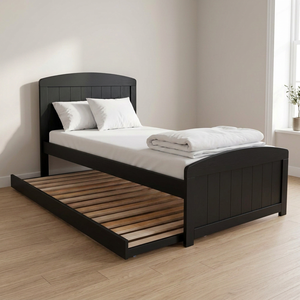 Commercial Grade Classic Black Twin <b>Platform</b> <b>Bed</b> with Pull-Out Trundle - European Vintage Wooden Daybed for Hotels & Guest Rooms - Product Image 1
