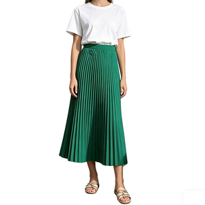 New Solid <strong>Green</strong> Polyester Chiffon High Waist Pleated Midi <strong>Skirt</strong> Plus Size Girls Women Casual <strong>Long</strong> Style for Spring Summer - Product Image 3