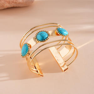 Bracelet ouvert multicouche en acier inoxydable avec pierre naturelle en forme de goutte d'eau, style ethnique vintage, bijou de luxe exagéré pour femme - Product Image 5