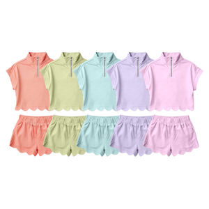 Précommande MOQ 5 – Nouveaux Vêtements d'Été pour Filles à Fermeture Éclair et Bordure Festonnée, Couleurs Unies – Vêtements de Sœurs en Gros, Tenues de Boutique pour Enfants, Nouvelle Mode - Product Image 1