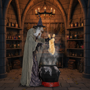 Decoración de Halloween para Casa Embrujada, Bar o Sala de <span class=keywords><strong>Escape</strong></span>, Gran Accesorio Eléctrico de Inducción de Gato Bruja Cocinando - Product Image 4