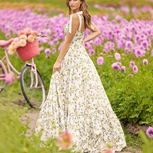 Vestido Largo con Cuello en V y Cintura Imperio, Estampado Floral, Amarillo, Poliéster, para Fiesta o Casual - Product Image 3
