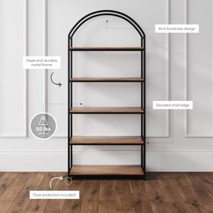Giá sách bằng gỗ combohome, tủ sách 5 kệ bằng gỗ và khung kim loại màu đen với đỉnh vòm và kệ mở - Product Image 4